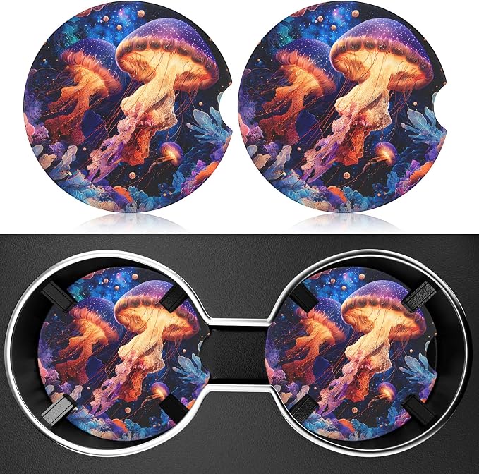 2 Pack Car Cup Holder Coaster, 2.63 inch Anti Slip Insert Absorbent Ceramic Car Coaster with Cork Base and Finger Notch, Cute Car Accessories Interior for Women, Cute Car Coasters.