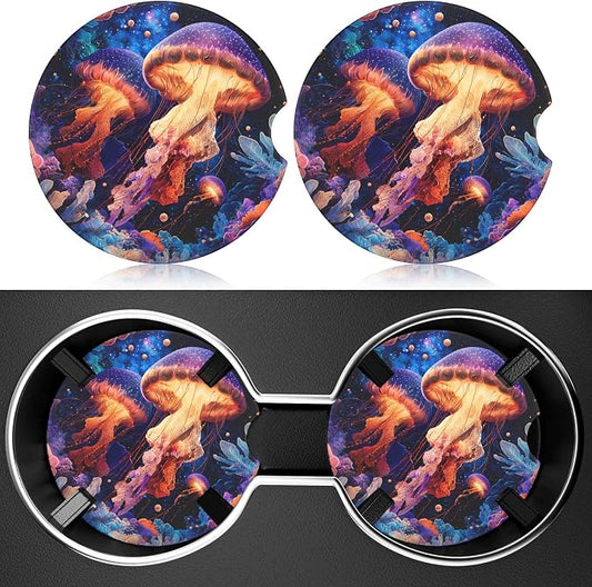2 Pack Car Cup Holder Coaster, 2.63 inch Anti Slip Insert Absorbent Ceramic Car Coaster with Cork Base and Finger Notch, Cute Car Accessories Interior for Women, Cute Car Coasters.