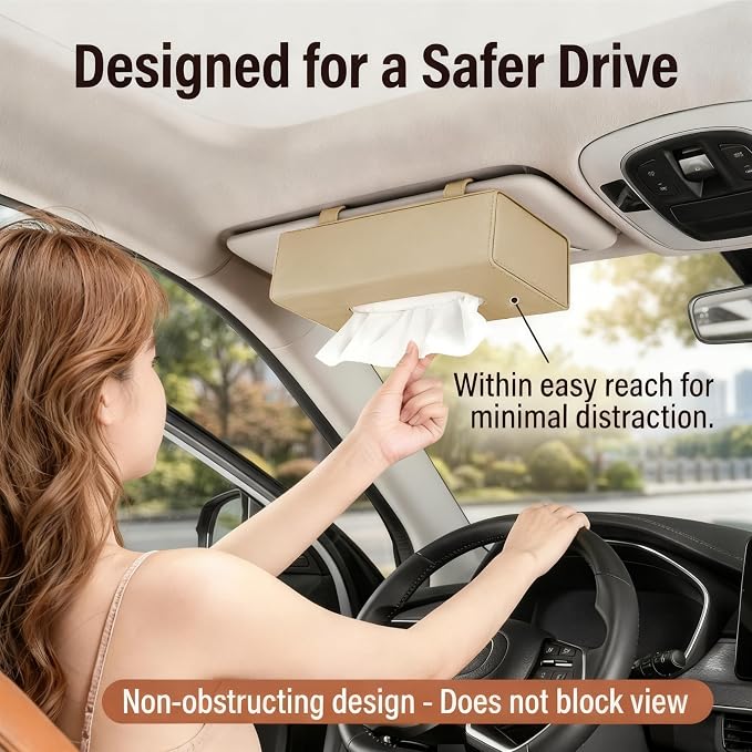 Car Visor Tissue Holder - Universal Hanging Auto Napkin Dispenser with Metal Clip, Multi-Position Tissue Box for Door or Seat Back,Premium Car Interior Accessories for Safe Driving(Beige)