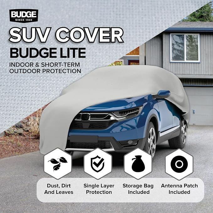 Budge Lite SUV Car Cover, Single-Layer Breathable Indoor Dust Proof Protection, Lightweight Non-Abrasive Fabric, Fits SUVs up to 162" L x 59" W x 60" H, Gray