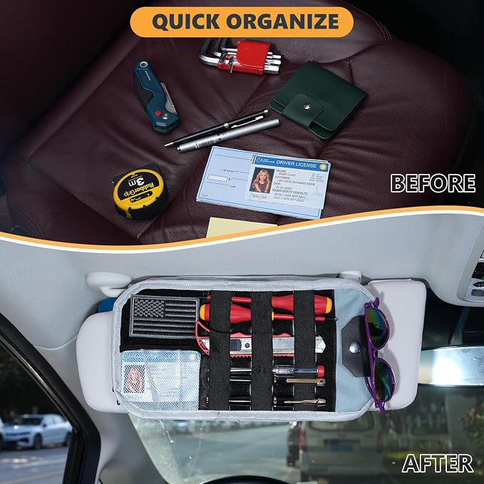 GNEGNI Tactical Car Sun Visor Organizer - Rigid MOLLE Panel Vehicle Storage Pouch with 3 Straps - Car Interior Document and Tool Holder for Truck, SUV, Jeep (13" x 7") (Light Gray)