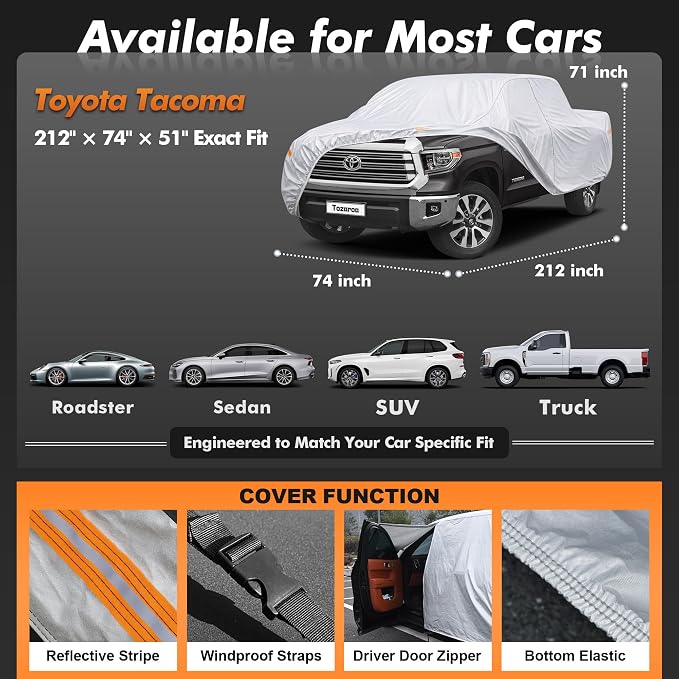 Truck Cover Waterproof All-Weather,Outdoor Pickup Covers(Length 211-228 inch) with Windshield Sun Shade Universal Fit Tacoma, Tundra, F-150, RAM 1500 etc,Size T3 (See Size Chart)