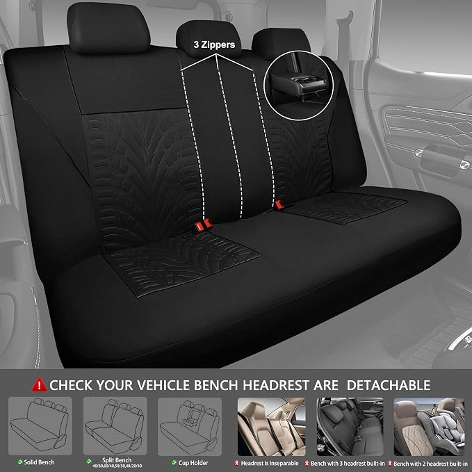 CAR PASS Car Seat Covers Full Sets, Front & Split Rear Bench for Car, 3D Tyre Embossed Automotive Interior Covers, Airbag Compatible, Quick Setup Universal Fit Seat Covers for Car, SUV(All Black)