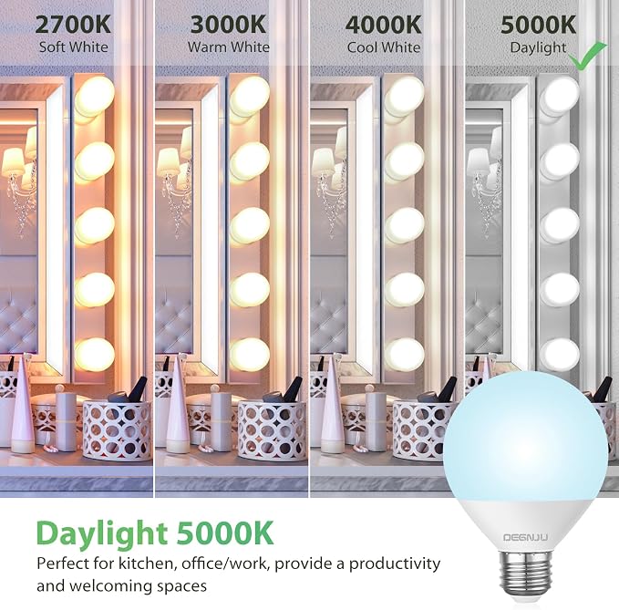 DEGNJU LED Vanity Light Bulbs, 60W Equivalent, Bathroom Light Bulbs 5000K Daylight White, 800 Lumens, G25 Globe Bulb for Makeup Mirror, Round Shape, 7W, 120V, Non-Dimmable, 12 Pack