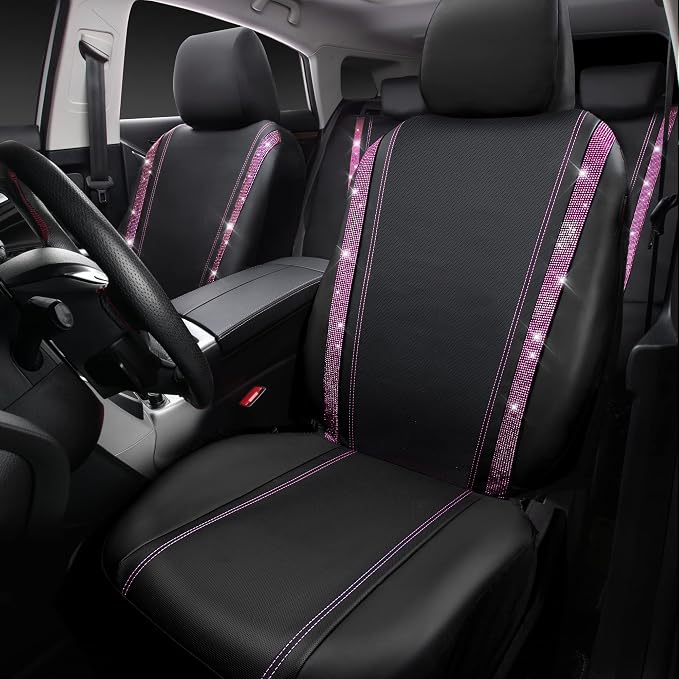 CAR PASS Bling Diamond Car Seat Covers Full Set, Shining Rhinestone Waterproof Faux Leather, Rear with Zipper, Universal Fit Automotive Glitter Crystal Sparkle Strips for Women Girl, Black Pink