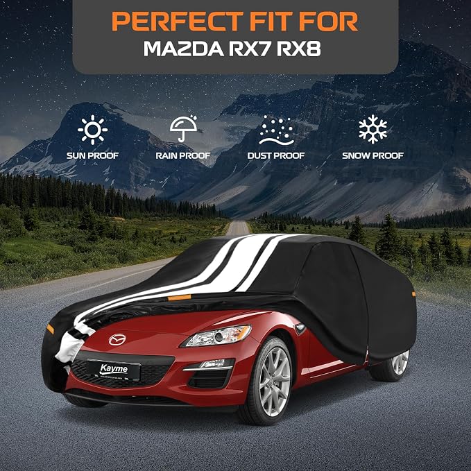 Kayme Heavy Duty Car Cover Custom Fit for Mazda RX-7 RX7 RX-8 RX8 (1978-2013), Outdoor Full Exterior Cover with Tape and Towel, Rain Snow Sun UV Protection.