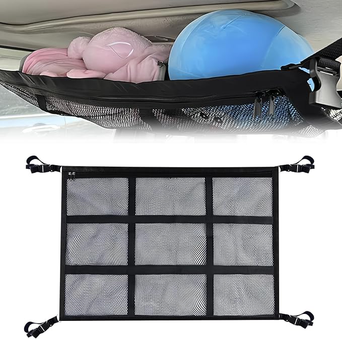 Car Ceiling Cargo Net Pocket,Double-Layer Roof Storage Netting Organizer | Overhead Ceiling Mesh Divider,Universal Car Camping Travel Bag for Road Trip Essentials Fits Trucks SUVs