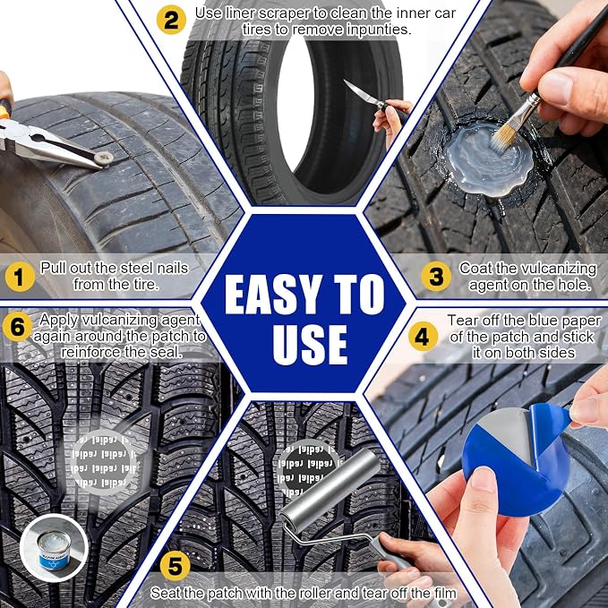 Tallew 13 Pcs Heavy Duty Tire Patches Kit Rubber Radial Tire Patch Plug Kit Emergency Tool for Puncture Car Truck Bus Tractor Vehicle Motorcycle 32mm, 42mm, 58mm, 65x80mm, 85x120 mm