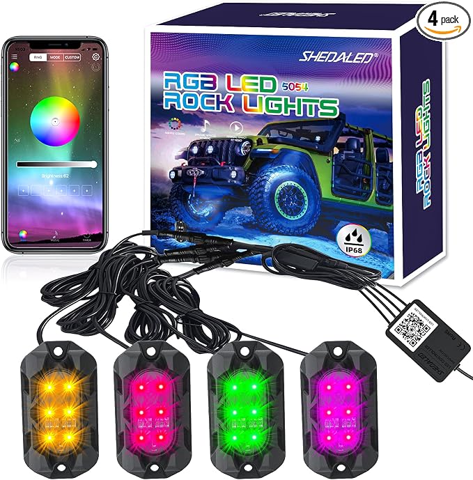Car LED Rock Lights Kit, 4 Pods Multilcolor Underglow Neon Lights | RGB Rock Light High Bright with APP & Music Mode, IP68 Waterproof for Trucks, Cars Decorative Accessories