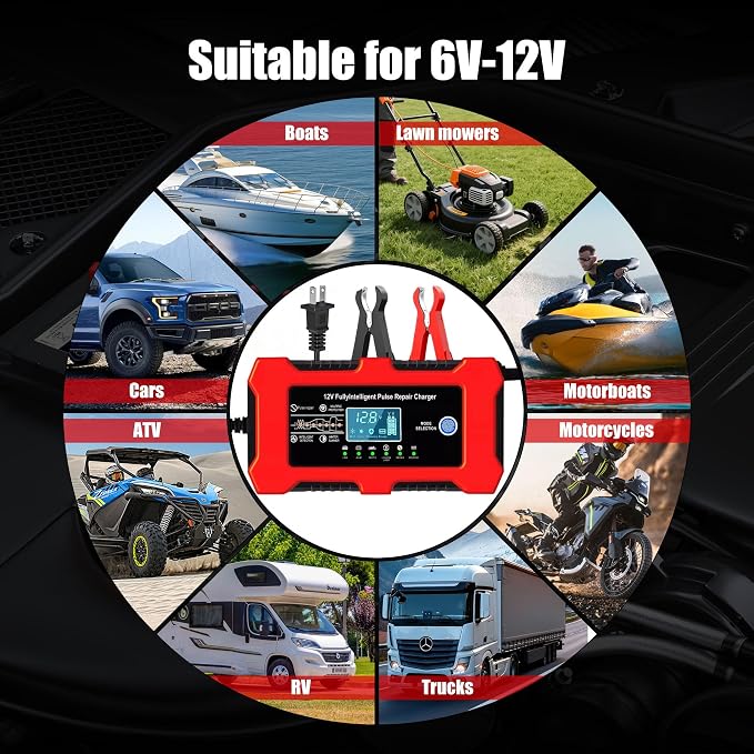 12V 10A Car Battery Charger, Smart Trickle Charger, Automotive Battery Charger with Temperature Compensation/Desulfator Maintainer for Car、Motorcycles、Lawnmowers、Trucks