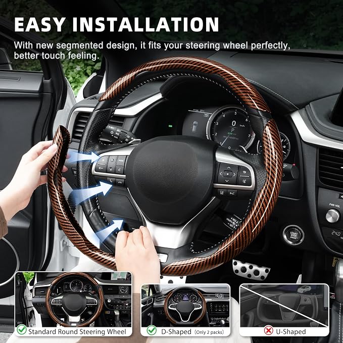 Amiss 3pcs Carbon Fiber Anti-Skid Steering Wheel Cover, Waterproof Design, Universal Fit for 14-16 Inch Car Wheel Cover, Interior Car Accessories for Jeeps, SUVs, Trucks (Glossy Brown)