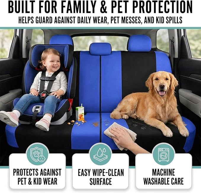 FH Group Full Set Cloth Car Seat Covers , Universal Fit Combo Set with Steering Wheel Cover and Seat Belt Pad for Cars, SUVs and Trucks, Blue