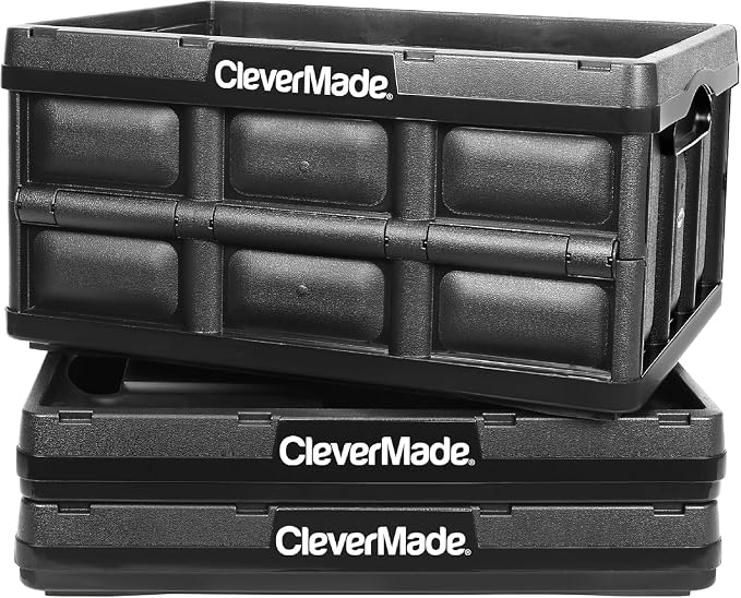 CleverMade Collapsible Storage Bins, 32L 3 Pack, Durable Plastic, Obsidian | Built-in handles simplify garage, car and household organization, while the roomy open-top keeps bulky supplies accessible