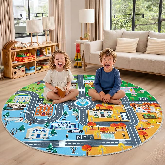 Kids Car Rug Play Mat for Toy Cars, Round 47" City Road Town Track Four Seasons Traffic Carpet, Non-Slip Washable Area Rug for Kids Room Bedroom Classroom Play Area, Fun Learning Carpet for Children