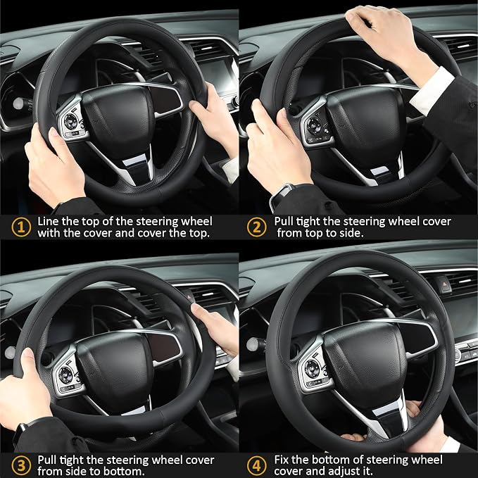 West Llama Thin Slim Car Steering Wheel Cover, Universal 14.5-15 inch Nappa Leather Steering Wheel Cover, Ultra Thin, Anti-Slip, Breathable(Black-Standard Size)