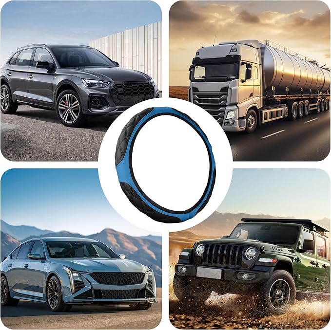 15 Inch Car Leather Steering Wheel Cover, Automotive Accessories Elastic Breathable Anti-Slip Soft Wheel Protector Fits Men and Women, Suitable for SUVs, Trucks, Vehicles and RVs (Blue)