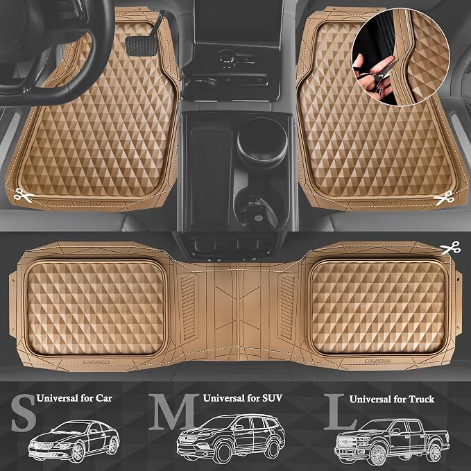 CAR PASS Heavy Duty Rubber Car Mats, Deep Dish All-Weather Floor Mat for Car Full Set Durable Anti-Slip 3D Rhombus Waterproof Trim to Fit Liner Universal Fit Automotive,Sedan,SUV,Truck, 3 Piece Beige