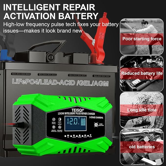 Battery Charger,12-Amp 12V/24V Smart Battery Trickle Charger | Automotive Battery Maintainer Desulfator,with Temperature Compensation,for Car Motorcycle Mower Lead Acid/LiFePO4