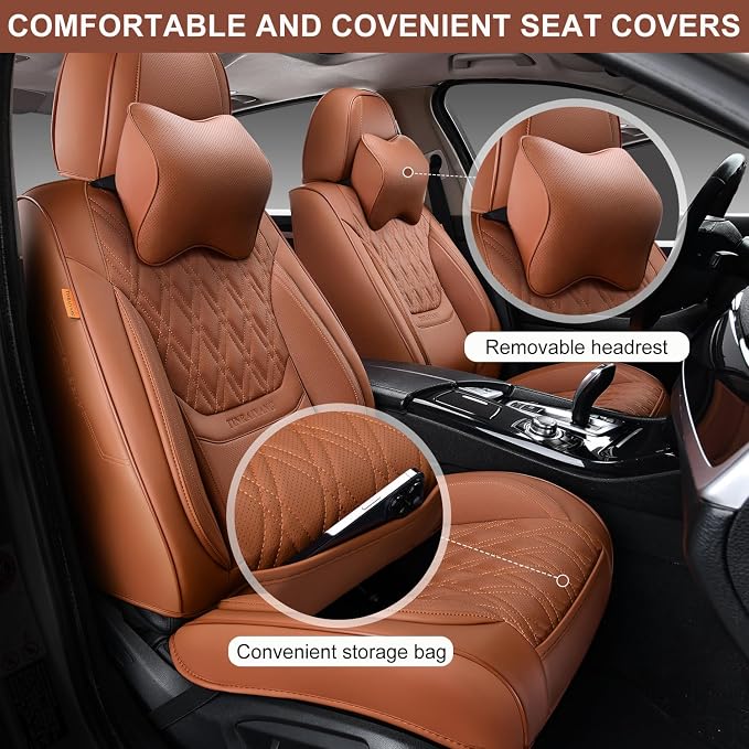 Car Seat Covers Front Pair, Breathable Leather Automotive Front Seat Covers with Headrest, Universal Automotive Vehicle Seat Cover for Most Sedan SUV Pick-up Trucks, Brown