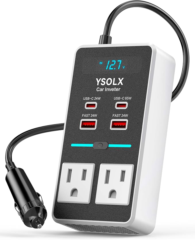 YSOLX 300W 12V to 110V Car Power Inverter | 65W USB-C,4 USB Post,Dual AC Car Plug Adapter Outlet,LED display.Suitable for Car Trips, Camping,Laptop