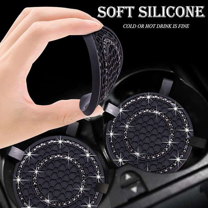 4PCS Bling Crystal Rhinestone Cup Holder Coaster, 2.75 inch Soft Silicone Anti-Slip Shockproof, Car Cup Holder Insert Coasters, Universal Car Interior Accessories for Women (Black)