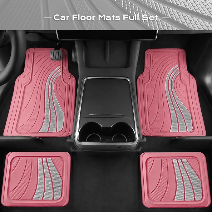 Road Comforts Car Floor Mats Full Set – Front & Rear Car Floor Mats with Aluminum Design, Anti-Slip Backing, All-Weather Protection, Trim-to-Fit Car Mats for Most Sedans, SUVs & Vans -All Pink