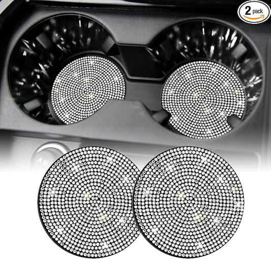 SINGARO Bling Cup Holder Coasters for Car, 2PCS Universal Non-Slip Cup Holder, Embedded Decorative Coasters, Shiny Crystal Car Interior Accessories Gifts for Women (White)