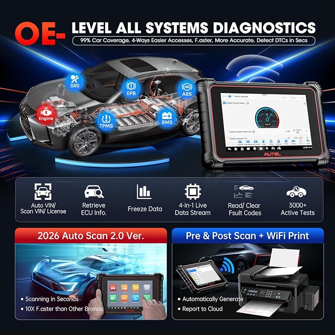 Autel Scanner MaxiCOM MK900BT 2026, MK900-BT V2.0 Bidirectional Diagnostic Scan Tool, 33ft BT Ver of MK900 MX900 8in Up of MK808S MK808BT PRO MX808S MK808Z, 40+ Reset, 3K+ Active Test, CANFD DoIP, FCA