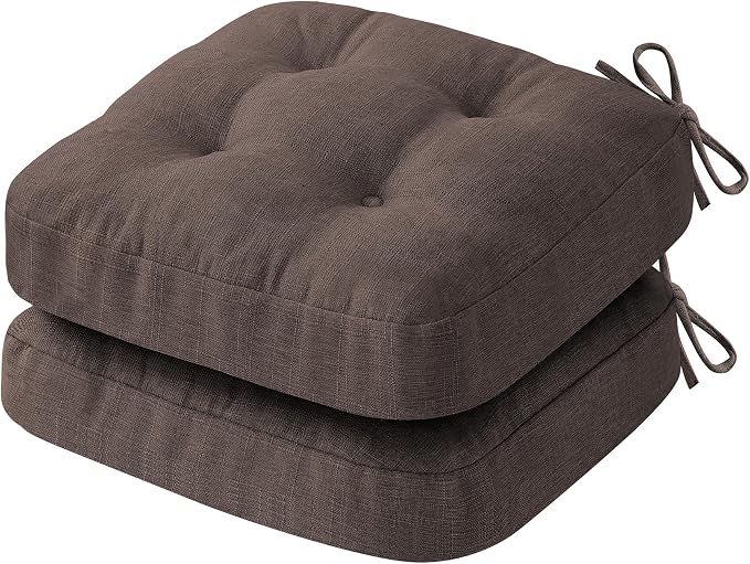 IASEAHK Chair Cushions for Dining Chairs, Dining Chair Cushions, Tufted Indoor Chair Pads with Ties & Non Slip Backing, Seat Cushions for Kitchen Chairs 16.5” x 16.5” x 3.5”, Set of 2, Brown