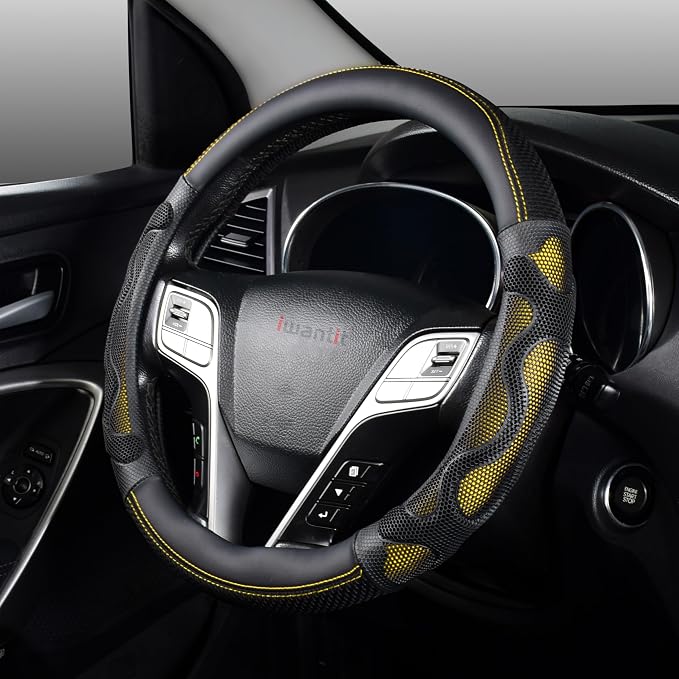 Iwantit® Steering Wheel Cover with 3D Honeycomb Anti-Slip Design and Breathable Fabrics and Pu Leather, Universal 14.5-15 Inch (Yellow/Black)