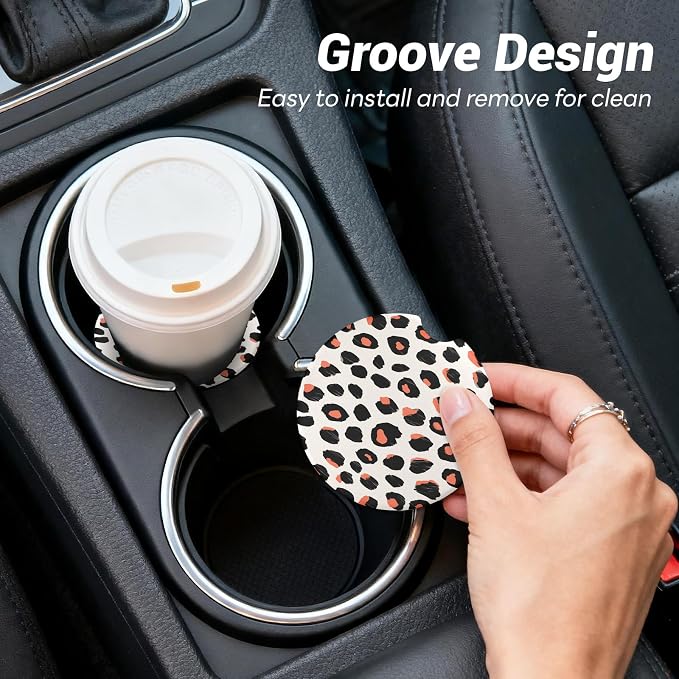 Car Cup Holder Ceramic Coasters 2 Pack, 2.56 in Anti Slip Absorbent Coaster with Cork Base and Finger Notch, Funny Cute Car Accessories Interior for Women, Orange Leopard Print