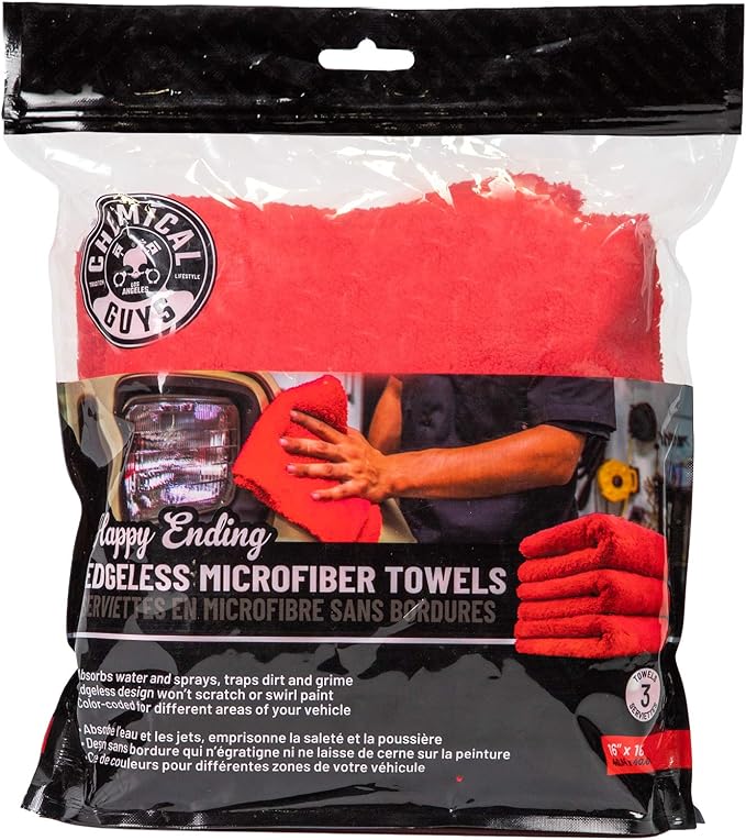 Chemical Guys, Happy Ending Edgeless Microfiber Towels, 16 x 16, 3 Pack | Ultra-plush edgeless microfiber towels buff wax and detail sprays scratch-free, soft on paint and glass, 3 pack