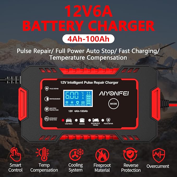 12V 6-Amp Battery Charger, Smart Trickle Charger & Maintainer RED | Battery Desulfator, Winter & Summer Mode, Lead-acid Battery Chargers, for Car Truck Motorcycle Lawn Mower Boat
