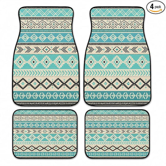 Turquoise Car Floor Mats Set of 4 Tribal Diamond Stripe Car Accessories Foot Mats Rugs, Non-Slip,Decor for Universal Fit for Suvs Sedans Trucks Cars Auto Floor Carpets Rugs All-Weather