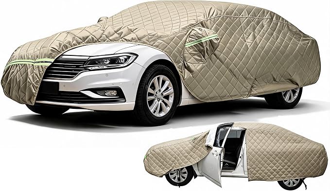7 Layers Waterproof Cover, Heavy Duty Car Covers with Zipper Door, All-Weather Car Cover – Protects Against UV Rays, Hail, Water, Dust & Snow, Universal Fit Sedan 186" to 193"(Khaki)