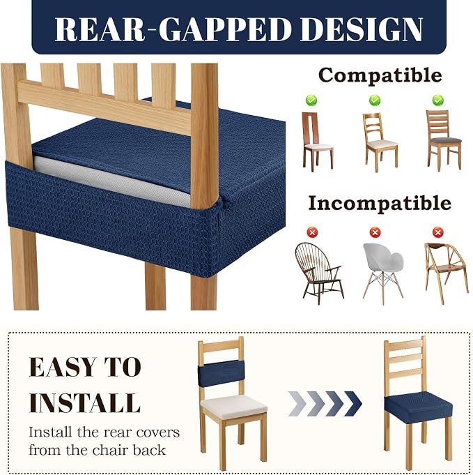 Songrey Waterproof Chair Covers for Dining Chairs, Set of 6, Navy Blue | No Rear Seat Covers for Dining Room , Chair Protector Slipcover, Stretch Removable Washable