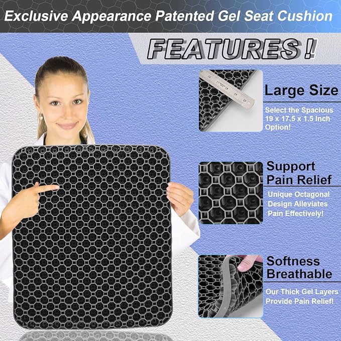 Seat Cushion, Gel Seat Cushion for Long Sitting– Back, Sciatica, Tailbone Pain Relief Pad, 19in Seat Pad for Car, Office Chair, Wheelchair, Soft Support for Long Trips
