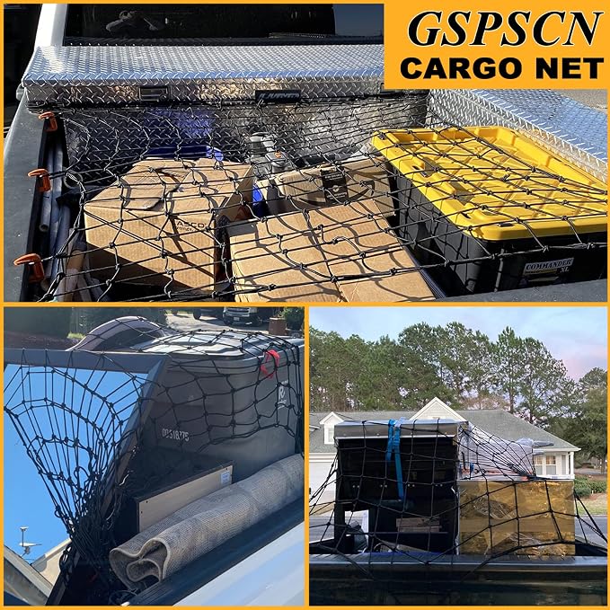 GSPSCN Truck Cargo Net 7' x 5' for Pickup Bed, Trailer,Boat,RV SUV Stretched to 15'x21' Max Heavy Duty Roof Rack Net,5”x5” Mesh Netting w/24 Clip Carabiners Car Organizer Net for Large Loads