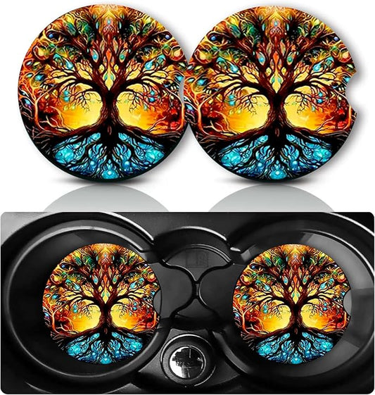 2Pcs Rainbow Tree Car Coasters,2.75" Neoprene Cars Cup Holder Coasters | Universal Rubber Non‑Slip Mat, Drink Coaster Decor Auto Accessories Trees of Life Gifts for Women,Men,Mom