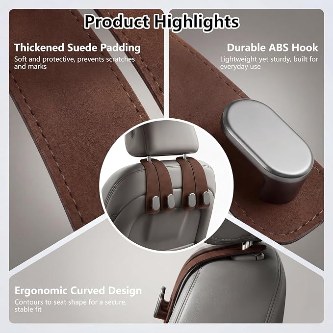 Car Seat Headrest Hooks for Purses & Shopping Bags, 2 Pack Suede Car Purse Hook, Double Hooks Secure Bags While Driving, Elegant & Durable, Simple to Install, Fits Handbags, Grocery Bags, Bottles.