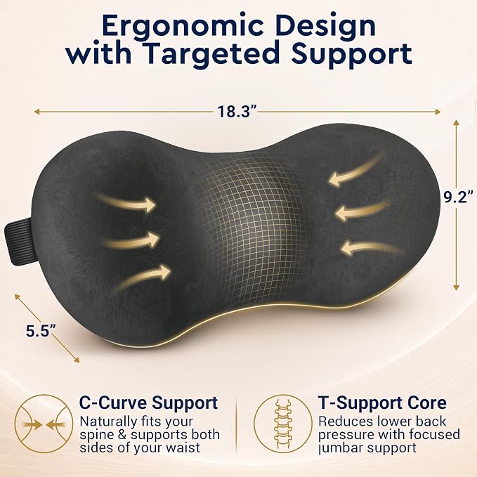Lumbar Support Pillow for Office Chair - Ergonomic Lower Back Support Pillow with Adjustable Strap, C-Curve Back Cushion with T-Support Core for Car Seat, Gaming Chair, Desk Chair, Grey