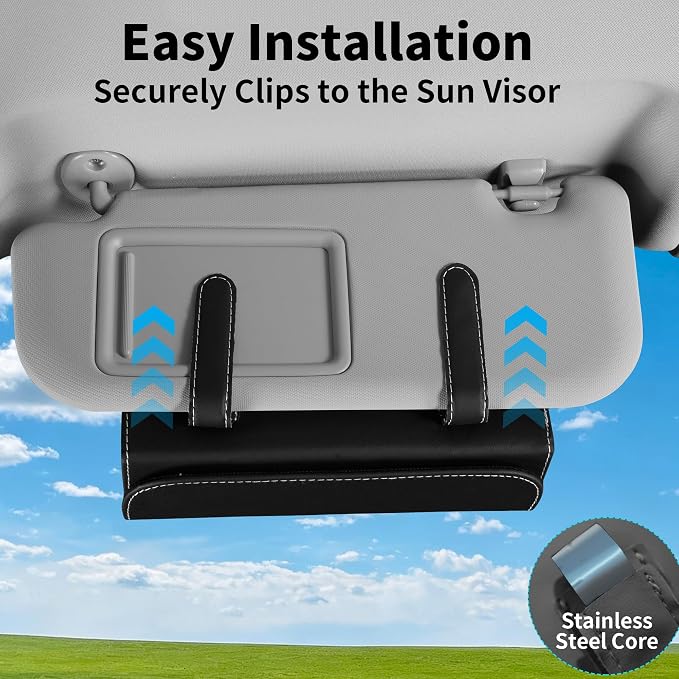 Car PU Leather Clip On Visor Tissue Holder with Mirror Storage Black | Tissues Box Cover for Sun Visors Large Rectangle Napkin Holder Fit for Various Tissue Sizes Box Organizer for SUV Sedan Truck