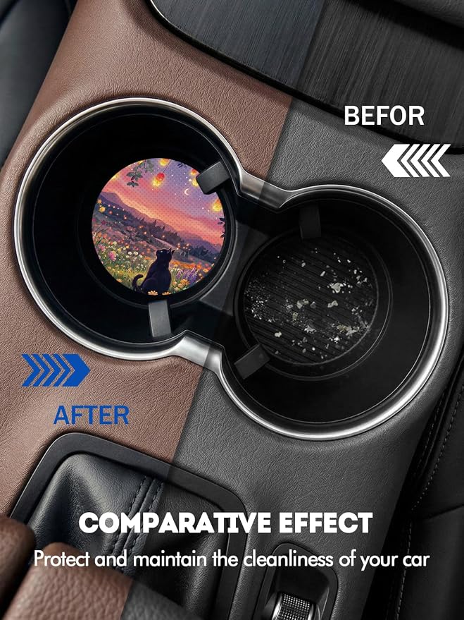 WOCOCN Car Coasters for Cup Holders - 2 Pack 2.75" Universal Rubber Car Cup Coaster, Non-Slip Waterproof Car Interior Accessories, Cute Car Decor Gifts for Women and Men (Scenery & Cats)