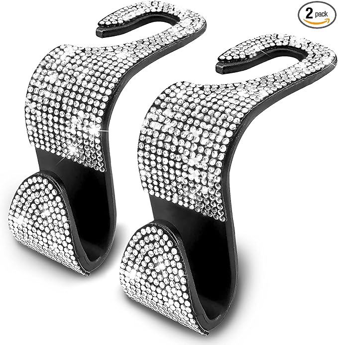 OSIFIT 2PCS Car Seat Hooks, Bling Rhinestone Headrest Hooks, Universal Bling Car Interior Accessories, for Handbag, Clothes, Purse, Water Bottle (White)