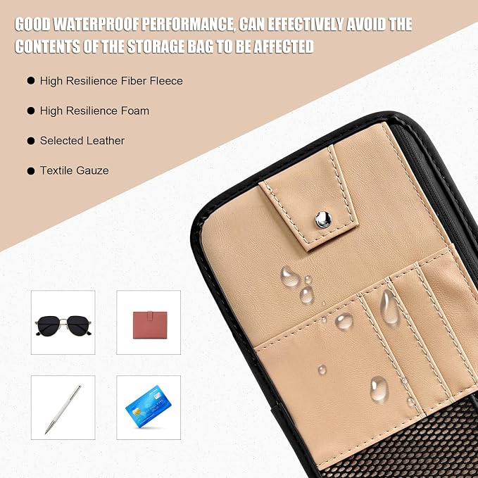 Car Sun Visor Organizer, PU Leather Multi-Pocket Visor Storage Pouch with Zipper, Auto Interior Document Holder Sunvisor Card Sleeve Pocket Organizer for Driving License Pen Key (Beige)
