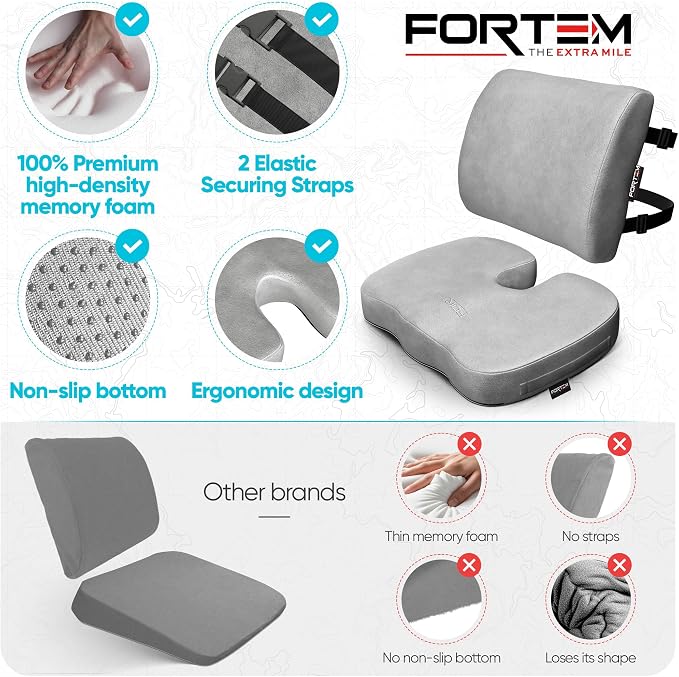 FORTEM Seat Cushion, Office Chair Cushion, Lumbar Support Pillow for Office Chair, Memory Foam Car Seat Cushions, Sciatica Coccyx Tailbone Pain Relief, Cushions for Back Support, Washable, Non Slip
