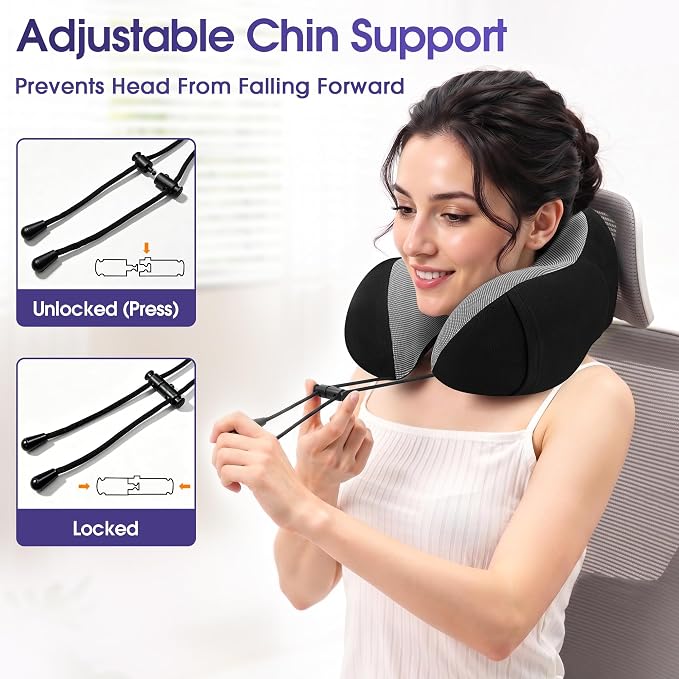 CloudBliss Travel Pillow for Airplane, Memory Foam Neck Pillow for Travel, Compact Flight Pillow with Eye Mask, Earplugs, Carry Bag, Travel Neck Pillow for Long Flight Sleep, Plane Accessories, Black