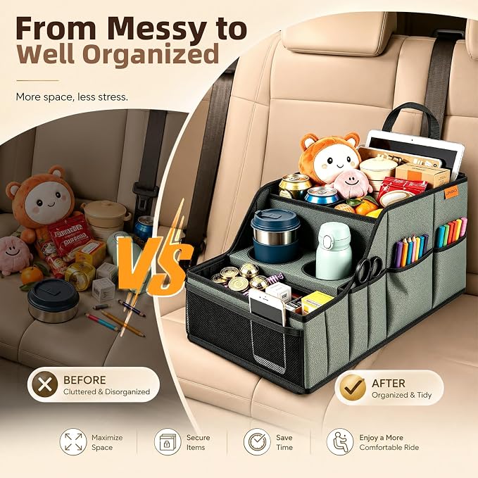 Car Seat Organizer Back Front Captains Seats Storage Travel | Car Organizer, Back Seat Car Organizer, Car Seat Organizer Front Seat – 9 Compartments, 2 Cup Holders – Foldable