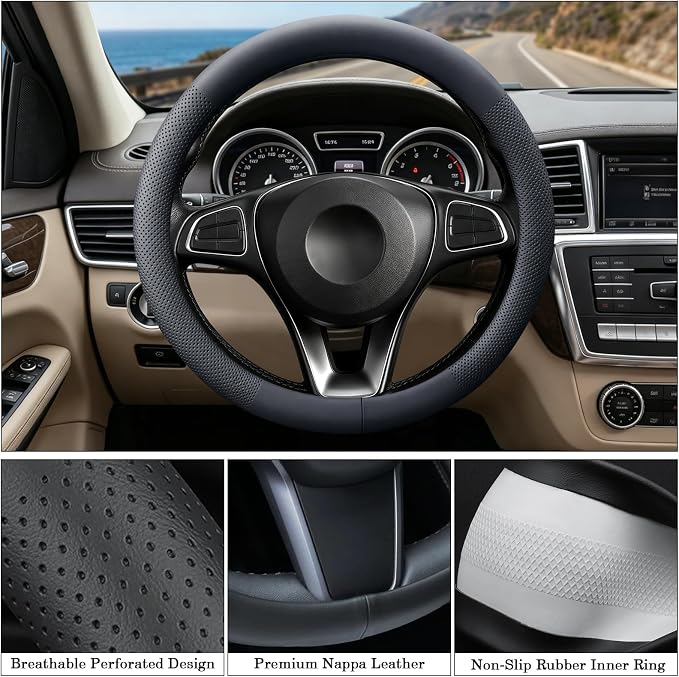Premium Nappa Leather Steering Wheel Cover, Universal, Comfort Grip, Anti-Slip Breathable, Compatible with 14.5-15 in Steering Wheel Protector, Black