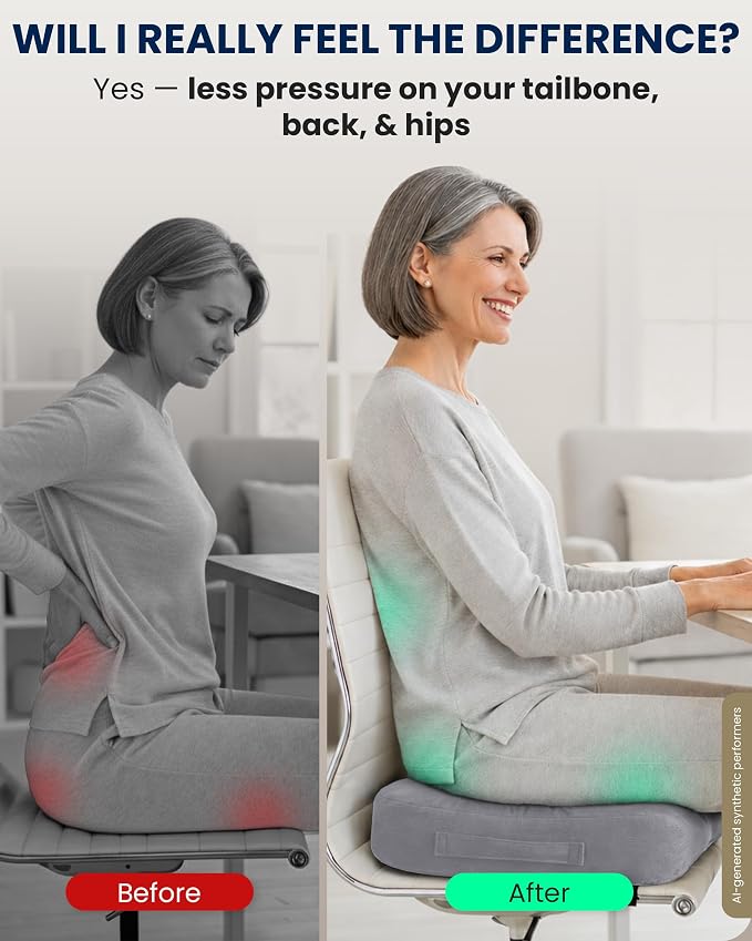 5 STARS UNITED Seat Cushion - Memory Foam Chair Cushion for Tailbone Pain Relief - Ergonomic Support for Coccyx, Sciatica & Butt - Office, Desk & Gaming Chair, Car Seat, Wheelchair, Airplane, L Gray